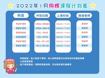 同輝家政培訓(xùn)中心2022年1月培訓(xùn)課程計(jì)劃表